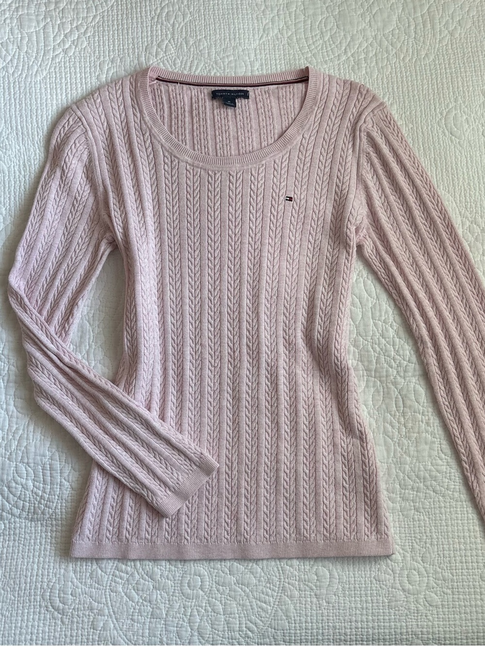 Tommy Hilfiger Light Pink Cable Knit Scoop Neck Sweater Long Sleeve Top